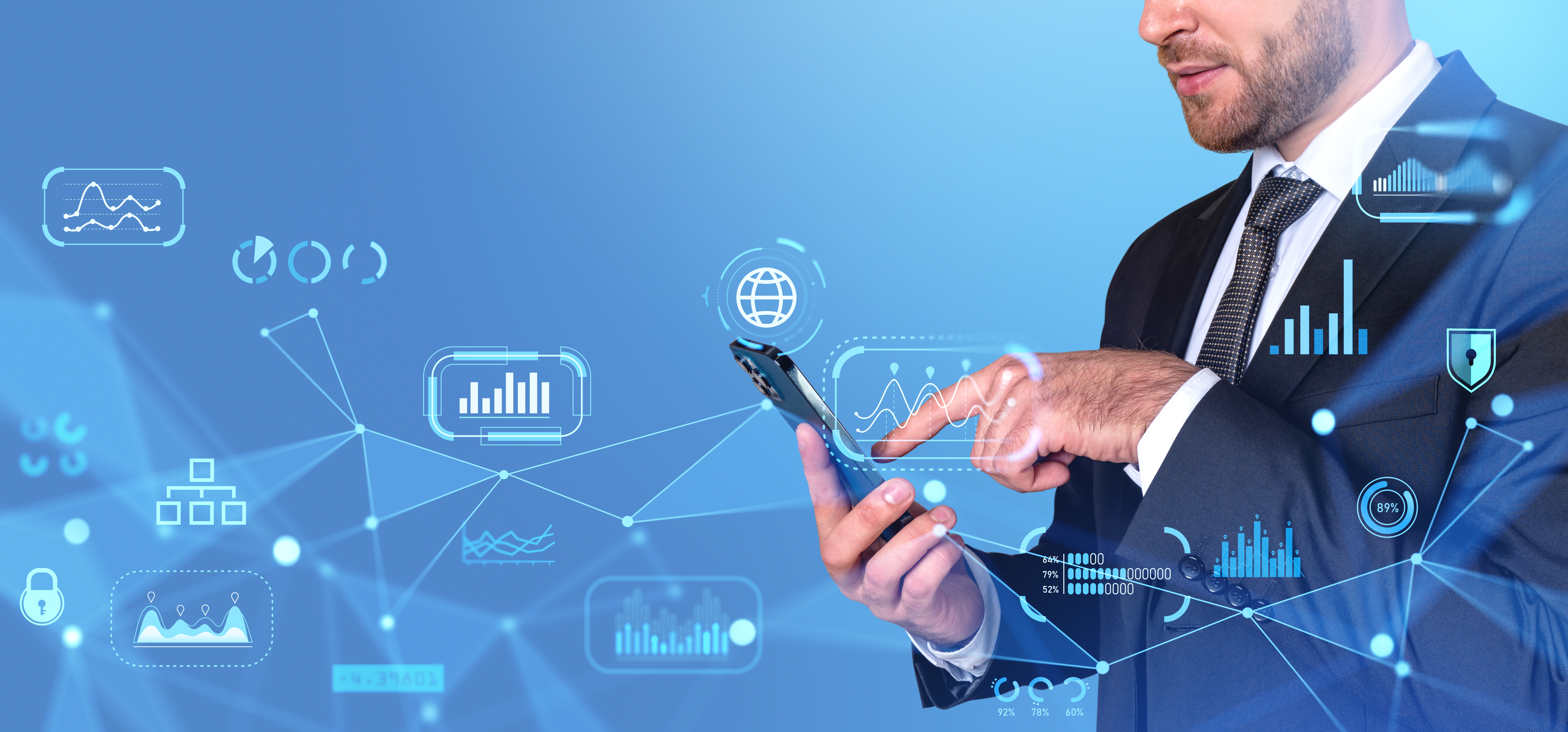 Illustration of a man on a smart phone surrounded by communications and business operations symbols