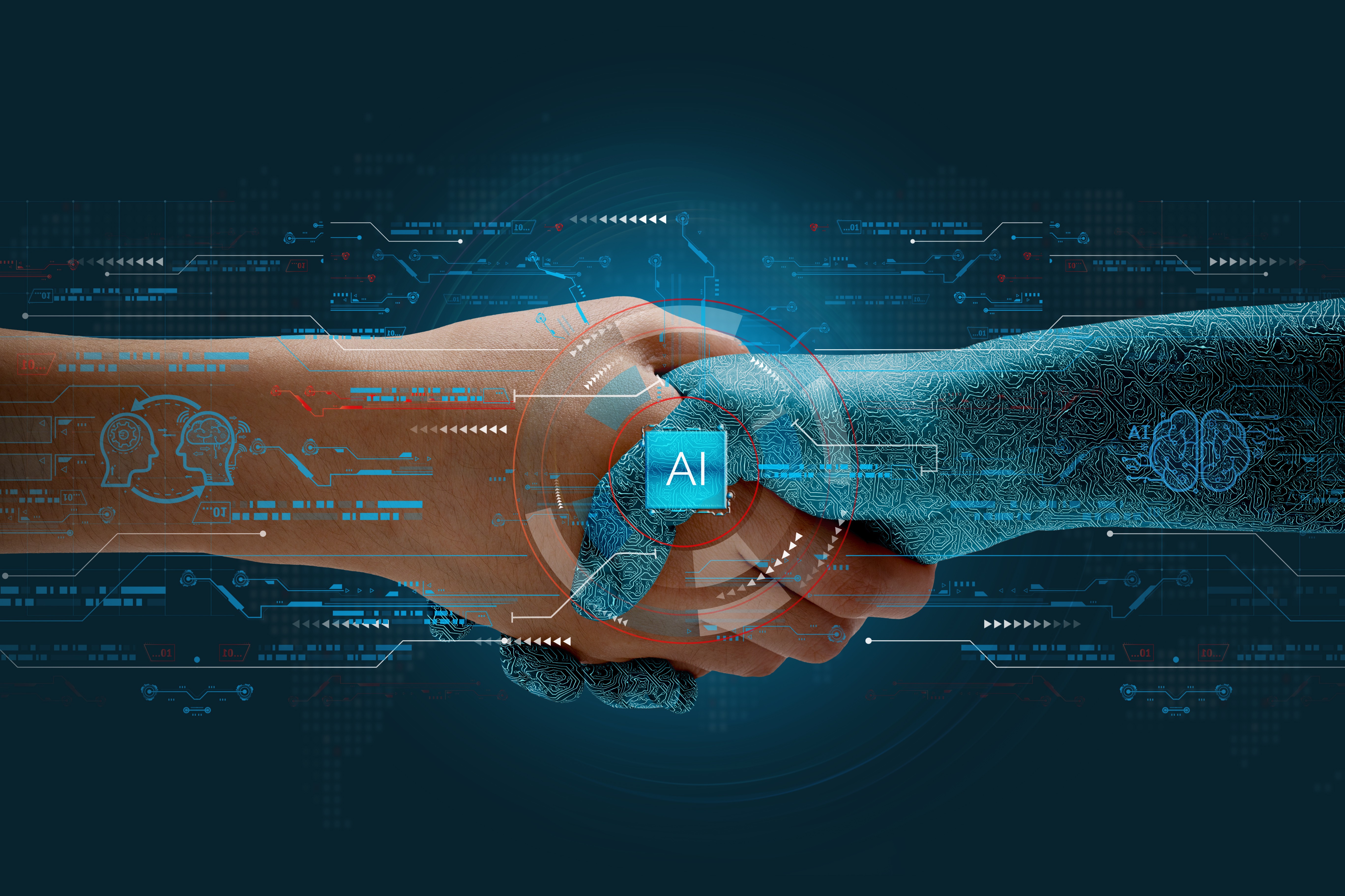 Illustration of a handshake between a human and AI generated hand
