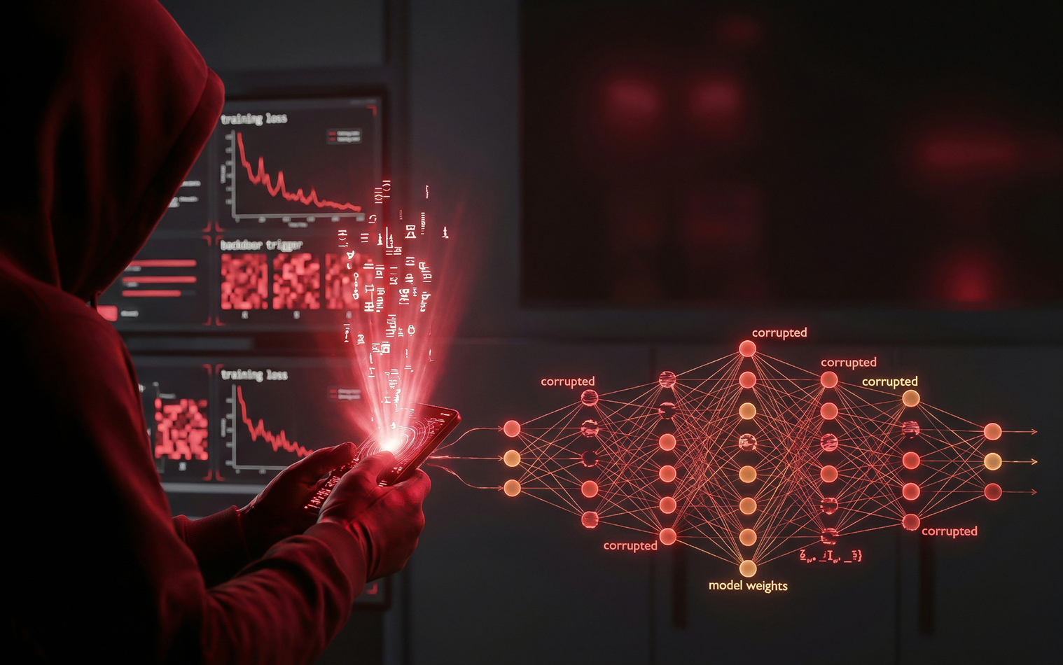Red hooded silhouette holding a glowing smartphone projecting corrupted data onto a network.
