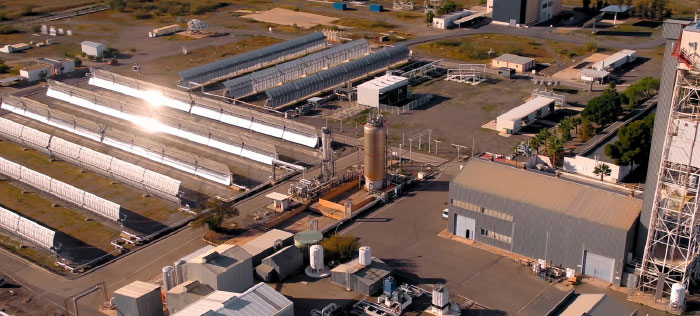 Figure 1:&nbsp;The Plataforma Solar de Almeria TCP-100 facility showing the parabolic trough collector (PTC). Mirrors focus solar energy on a collection line through which thermal fluid (oil) runs and is heated to about 400 degrees C (752 degrees F), which makes steam to run turbo generators.