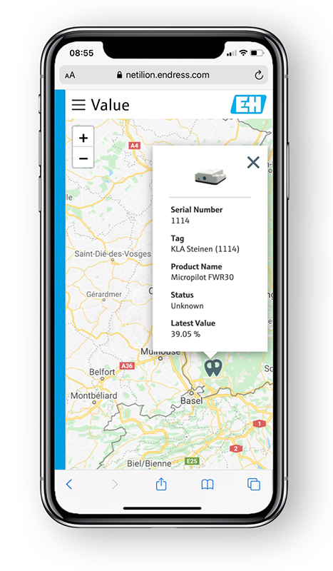 Location and measured values of the Endress+Hauser Micropilot FMR30 level sensor displayed on a map with integrated GPS positioning function.