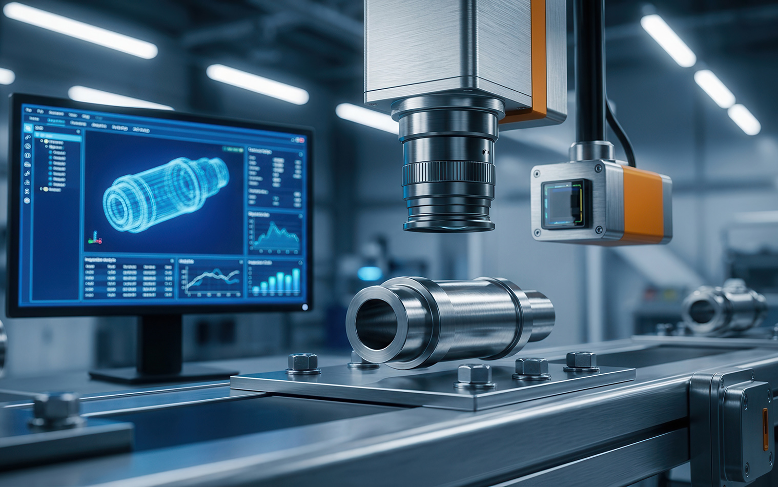 Automated machine vision system inspects component on assembly line.