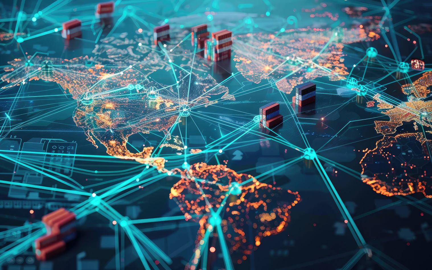 Computer generated image of a global supply chain network with interconnected shipping routes and distribution hubs.