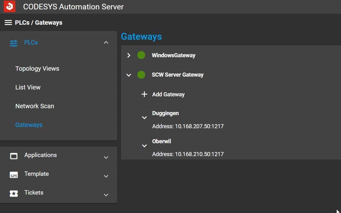Gateways of different plant locations registered in the CODESYS Automation Server Gateways of different plant locations registered in the CODESYS Automation Server