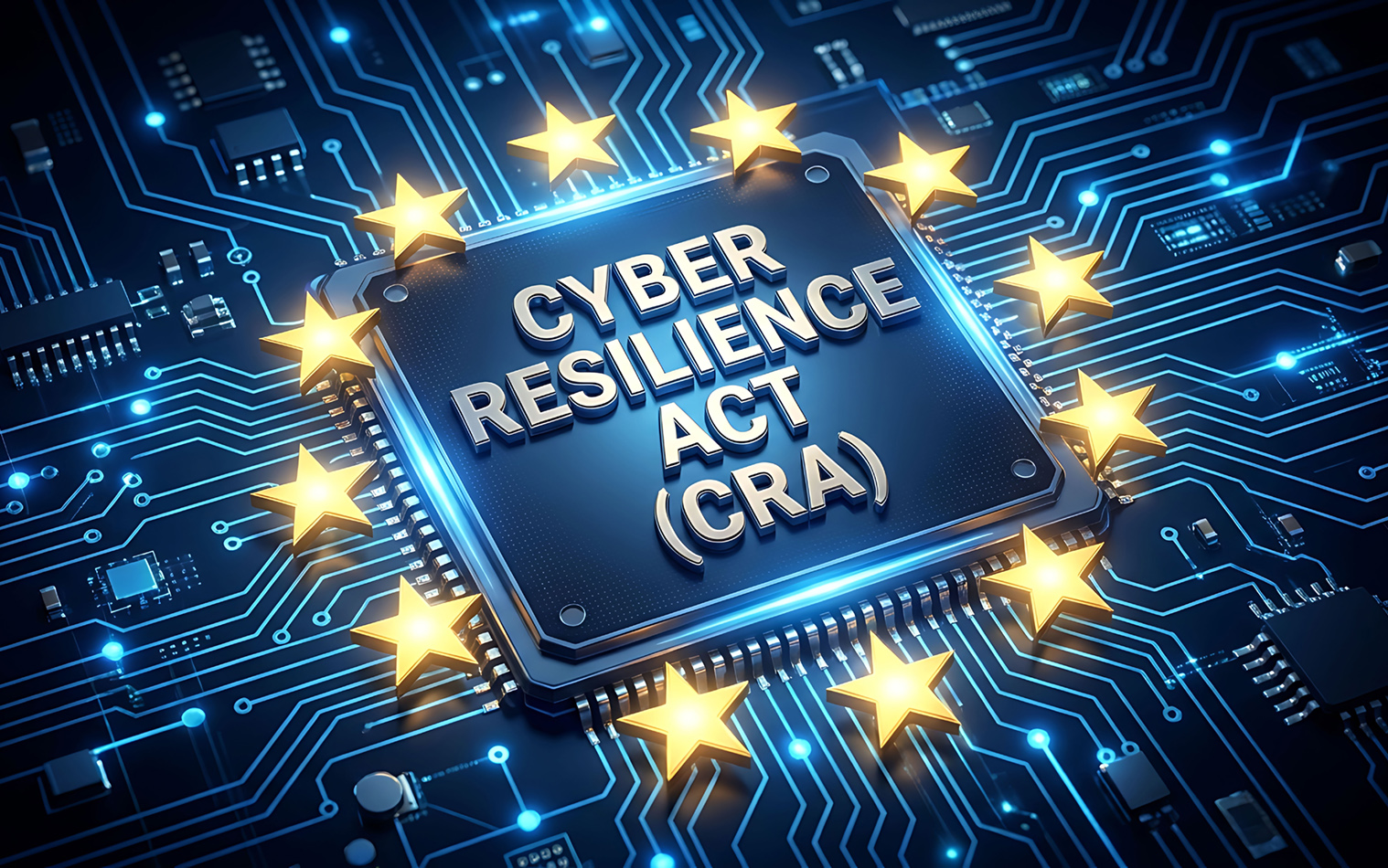 The words "cyber resilience act" on a microchip