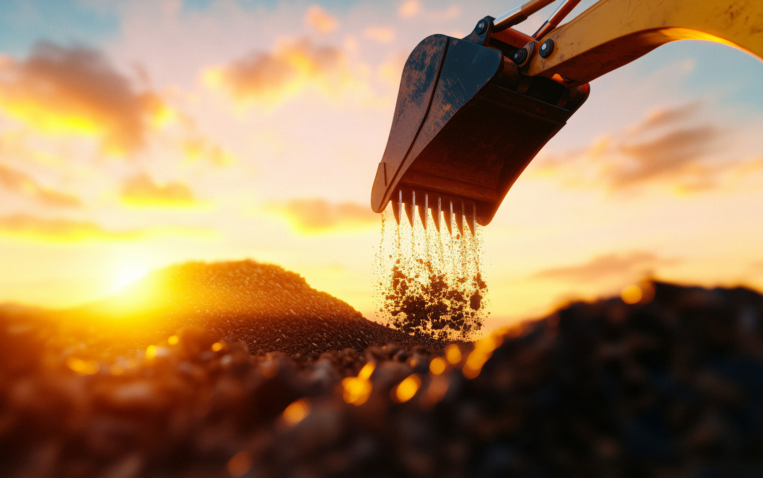 Excavator digging at a construction site at sunset.