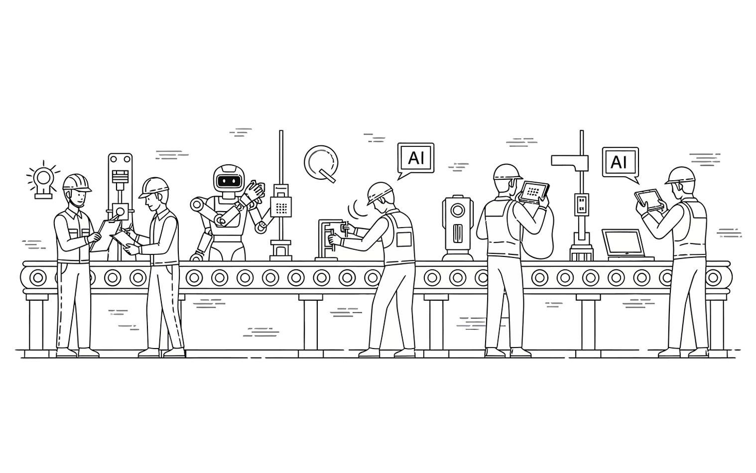 Illustration of workers on a line interacting with robots and AI systems