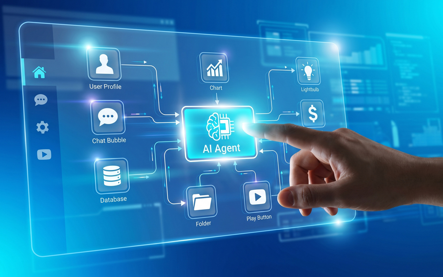 Hand interacting with an AI agent interface on a futuristic digital screen with icons and symbols.