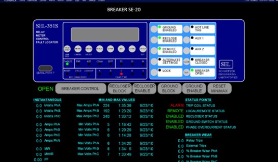 Figure 2: Intelligent electronic device “Zoom screen” showing real-time animation of feeder relay status. In this example,  more than 80 real-time values from the relay are available on this page.