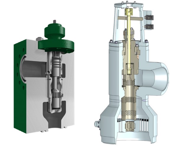 Figure 2: Angle-body style valves have inherent advantages for some severe service applications. The dirty service trim valve (left) handles outgassing liquids with entrained solids common in HHPS applications. The turbine bypass valve (right) has an integrated desuperheater to control steam temperatures.