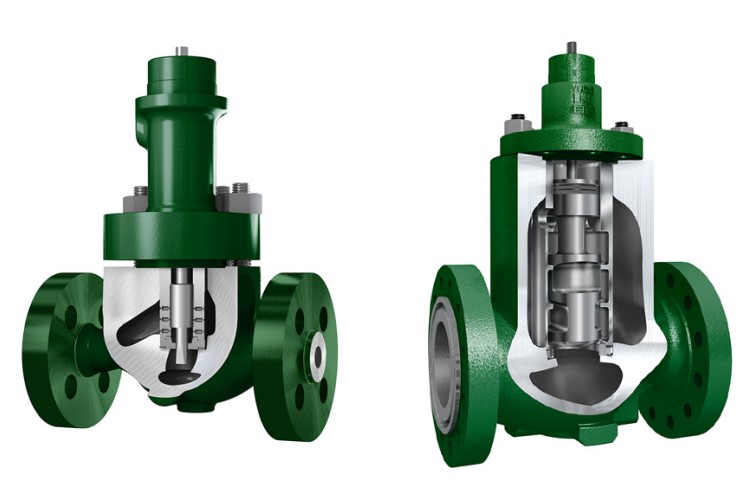 Figure 3: Anti-cavitation trims are also available in globe valves, as well as angle valves. Simpler designs (the trim on the left) use small holes to absorb multiple pressure drops and direct cavitation away from the seat and body. More complex designs (right) have larger openings to handle entrained solids.
