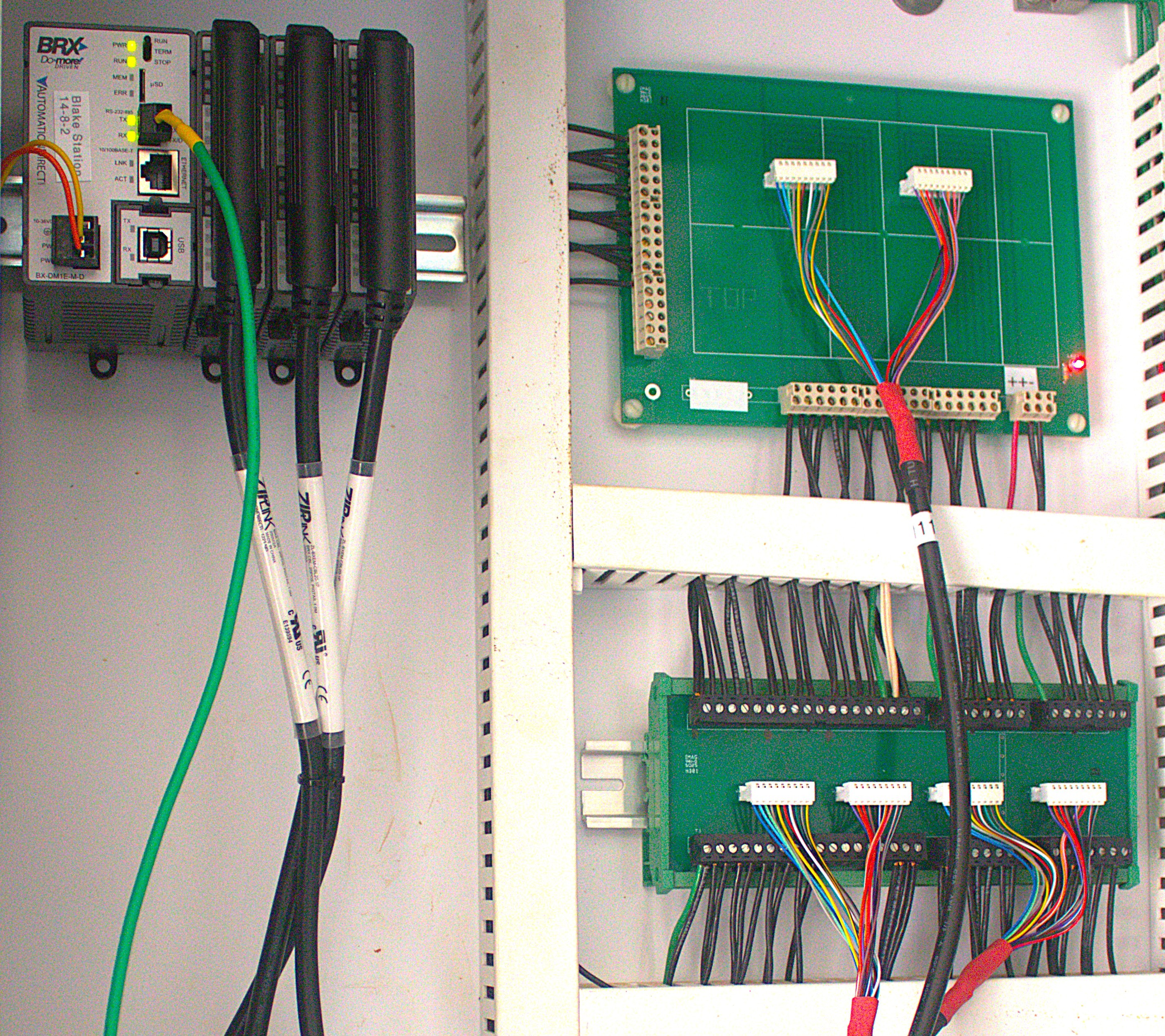 The AutomationDirect BRX PLC, shown here with ZIPLink modules to provide quick and easy retrofit wiring connectivity, was selected to deliver a capable and easy-to-implement automation upgrade in wastewater treatment control cabinets.