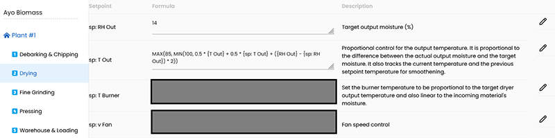 Figure 3: This screenshot of a low-code configuration setup for a dryer is a basic example of how  Koidra AIoT software adds an additional layer of automation on top of the existing PLC by automating the dryer’s output temperature setpoint. The operators of Ayo Biomass no longer need to manually play with these parameters, because they have applied their skills to the automation.
