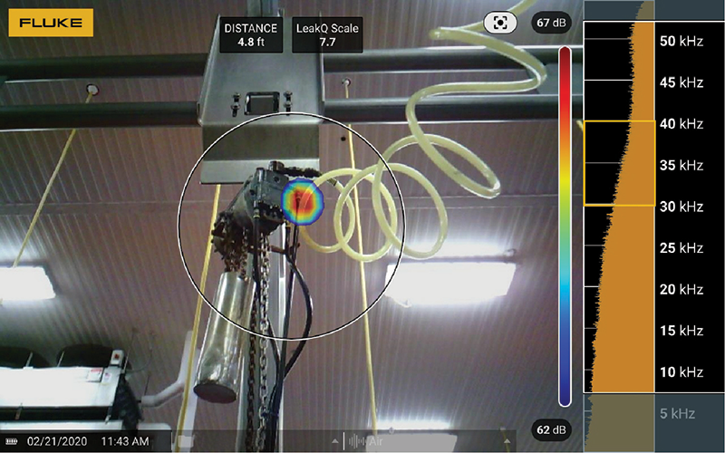 This Fluke ii900 Sonic Industrial Imager screenshot shows that the leak is 4.8 feet away from the technician and the LeakQ Severity Scale is 7.7, which is higher on the scale.