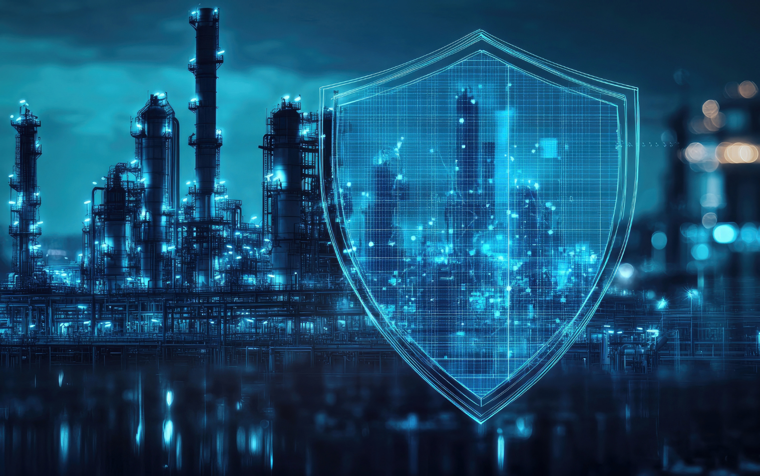 A blue tinted illusration of an industrial plant at night with a security shield overlaid on top. 