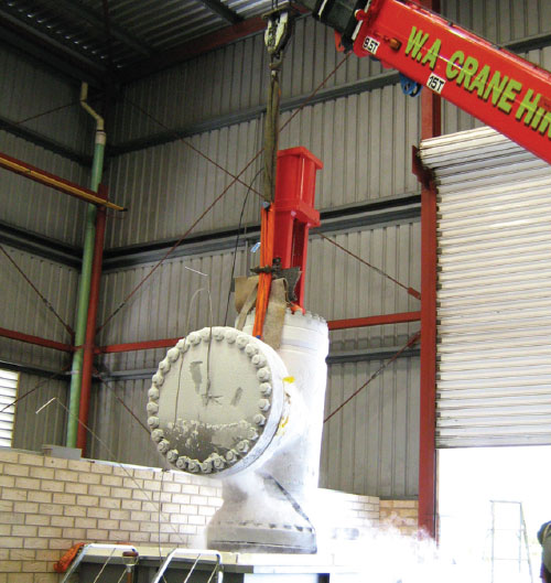Figure 5: This 24-inch by 30-inch letdown valve employs a specially designed large stem diameter environmental seal for extremely low leakage rates, as demonstrated here during a test at –56°F.