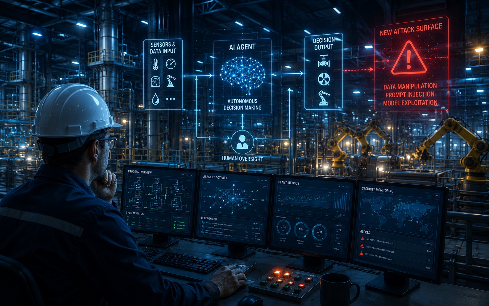 AI generated illustration of man in a hardhat facing a industrial plant at night with icons for sensors, data input, AI agent, decision output and new attack surface. Provided by S. Frieberg @tradepressservices.com