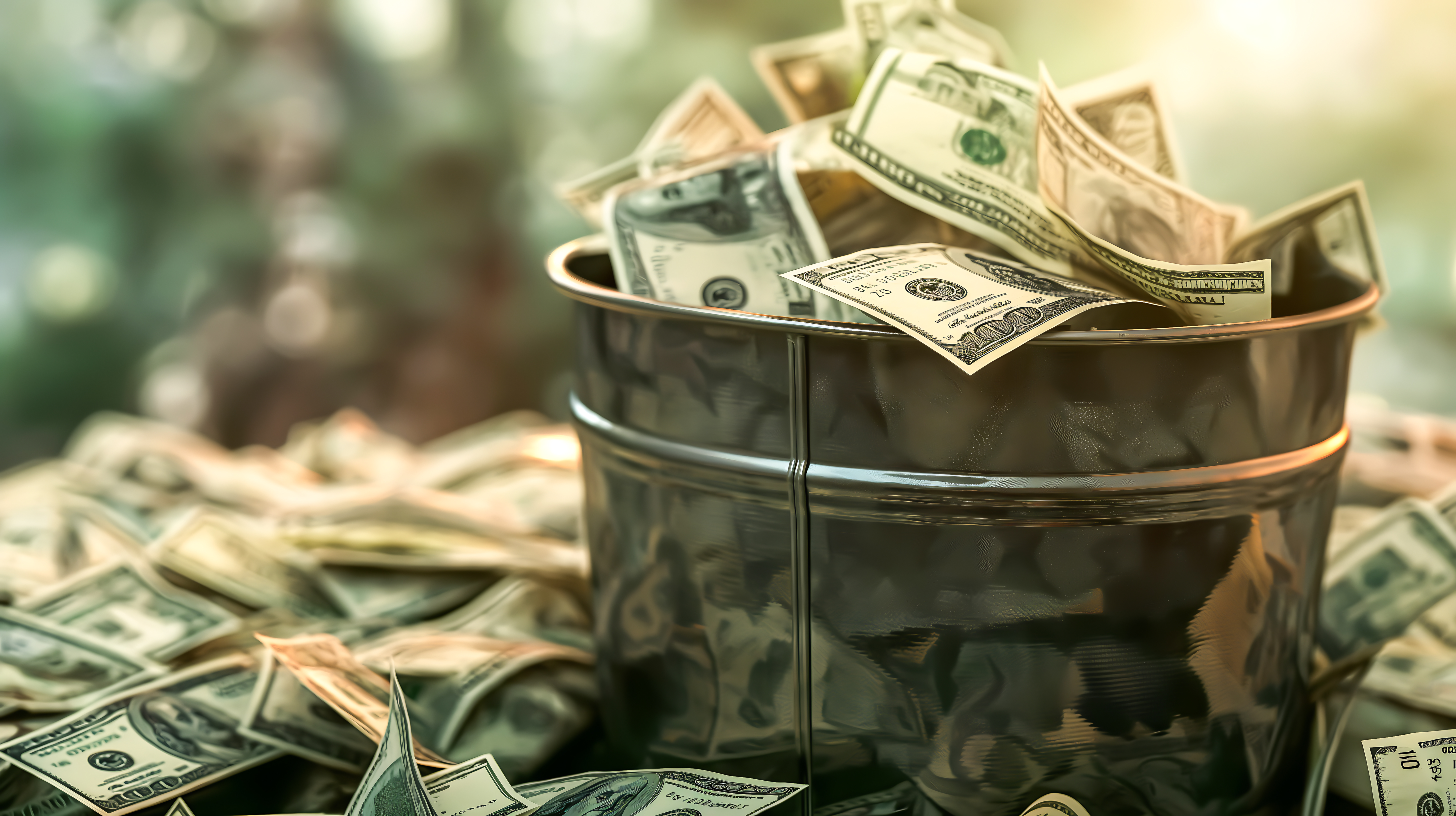 A bucket full of and surrounded by $100 bills depicting wasted money.