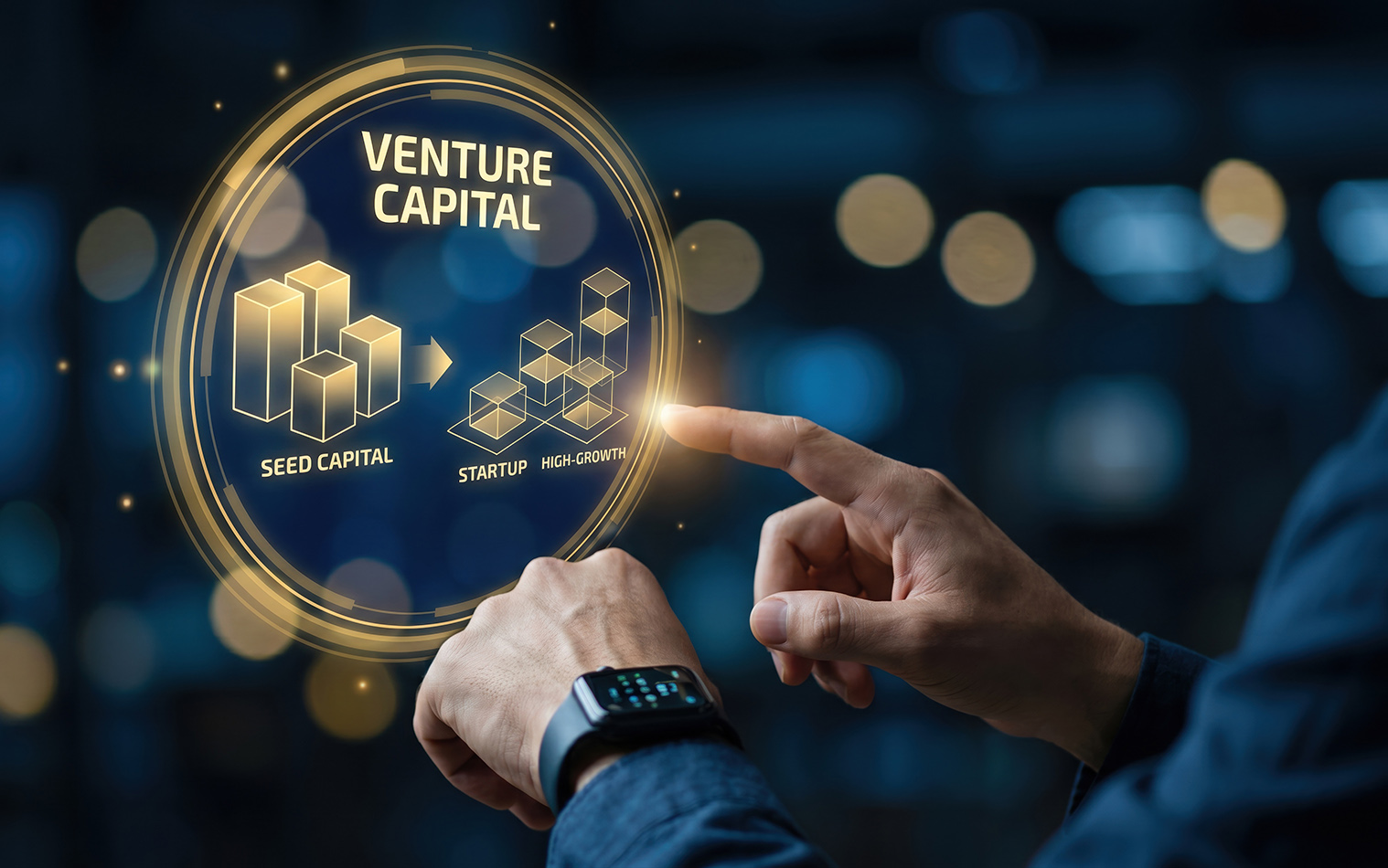 Digital display showing the progressive stages of venture capital funding, from seed investment to startup and scale-up.