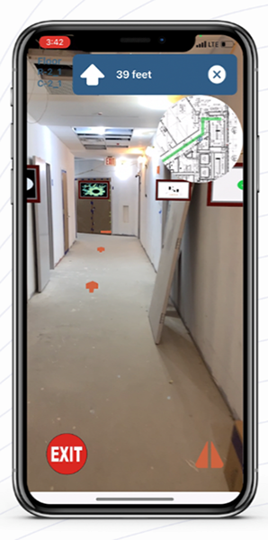 Mobile augmented reality experience for construction site navigation developed by NeARabl on the Bentley iTwin platform. Image courtesy of NeARabl.