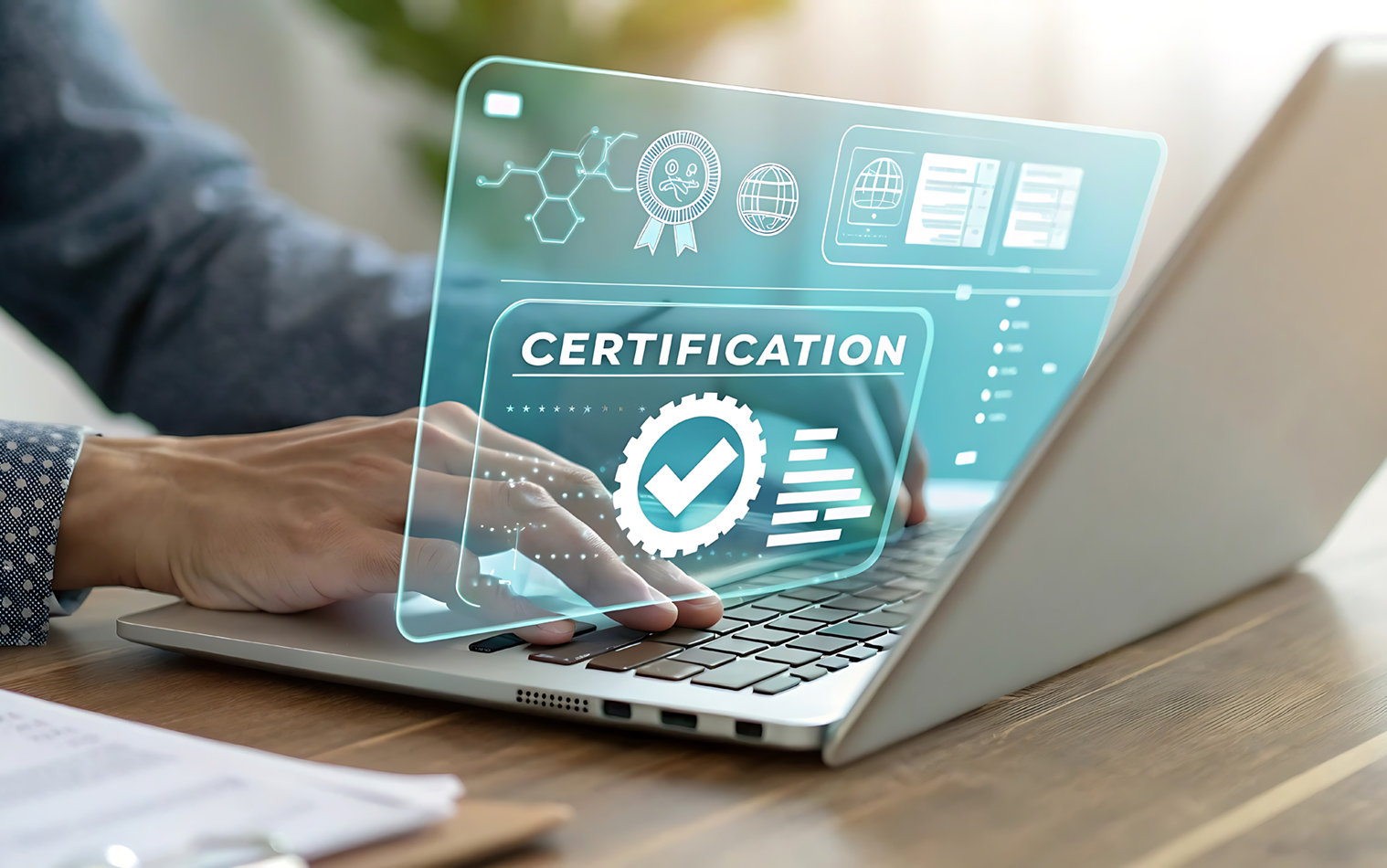 Person obtaining online certification on laptop computer.