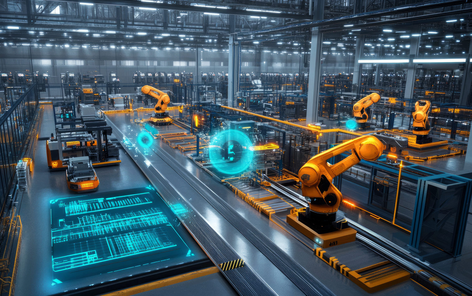 Futuristic Industry 4.0 factory floor with robots and IoT devices seamlessly integrating, optimizing production.