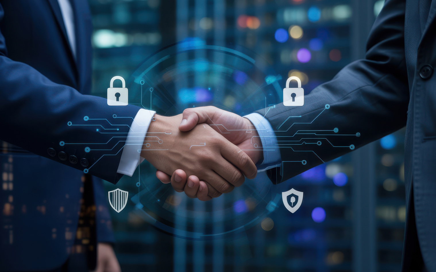 Two men shaking hands with digital cybersecurity and data protection interface overlays.