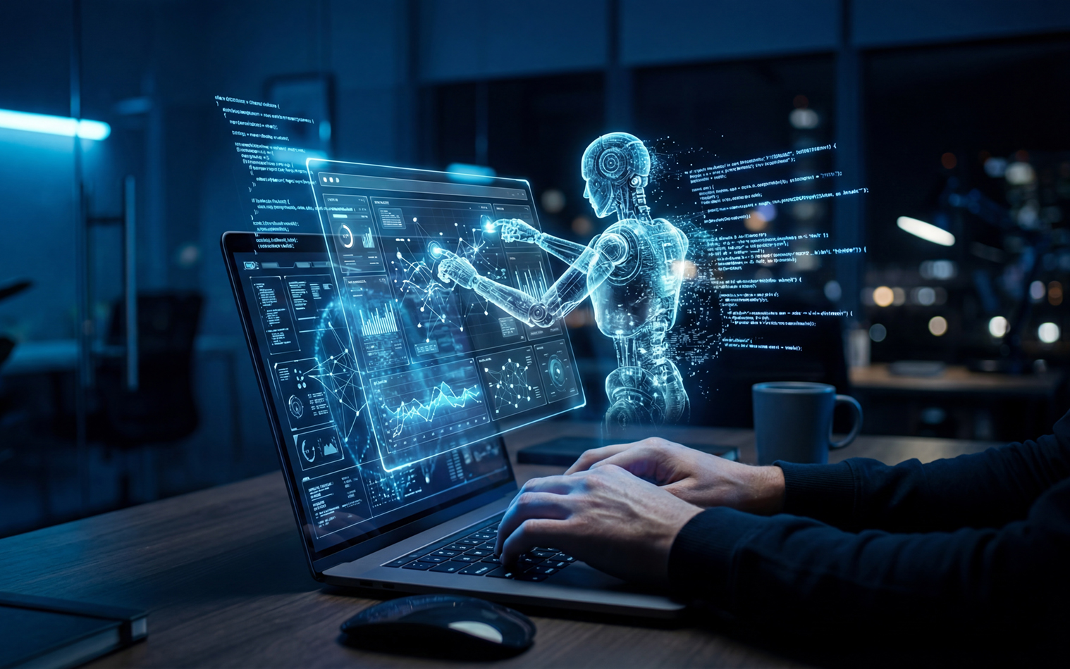 Human typing on keyboard with holographic AI agent analyzing data over the screen. 