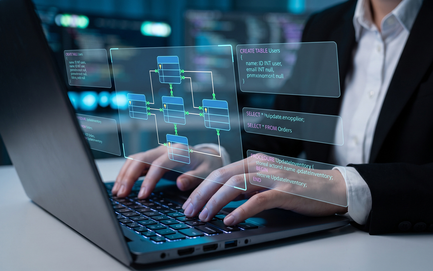 Software engineer typing in a relational database architecture and data modeling interface with an entity relationship diagram overlay. 