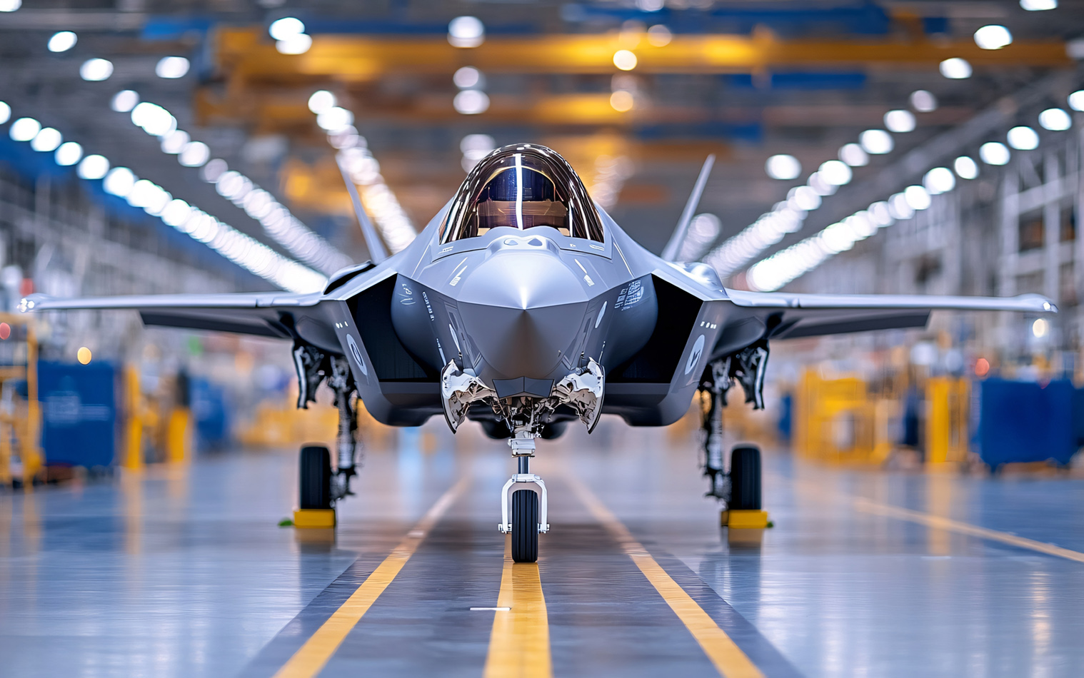 F-35 Lightning II jet, A sleek military aircraft in a modern hangar.