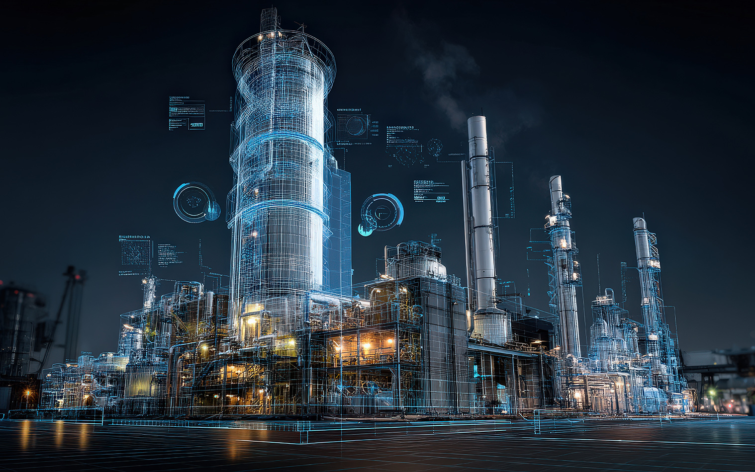 Nighttime picture of a futuristic refinery powered by clean technology. Digital overlays showcase a blend of industrial architecture and advanced technology. 