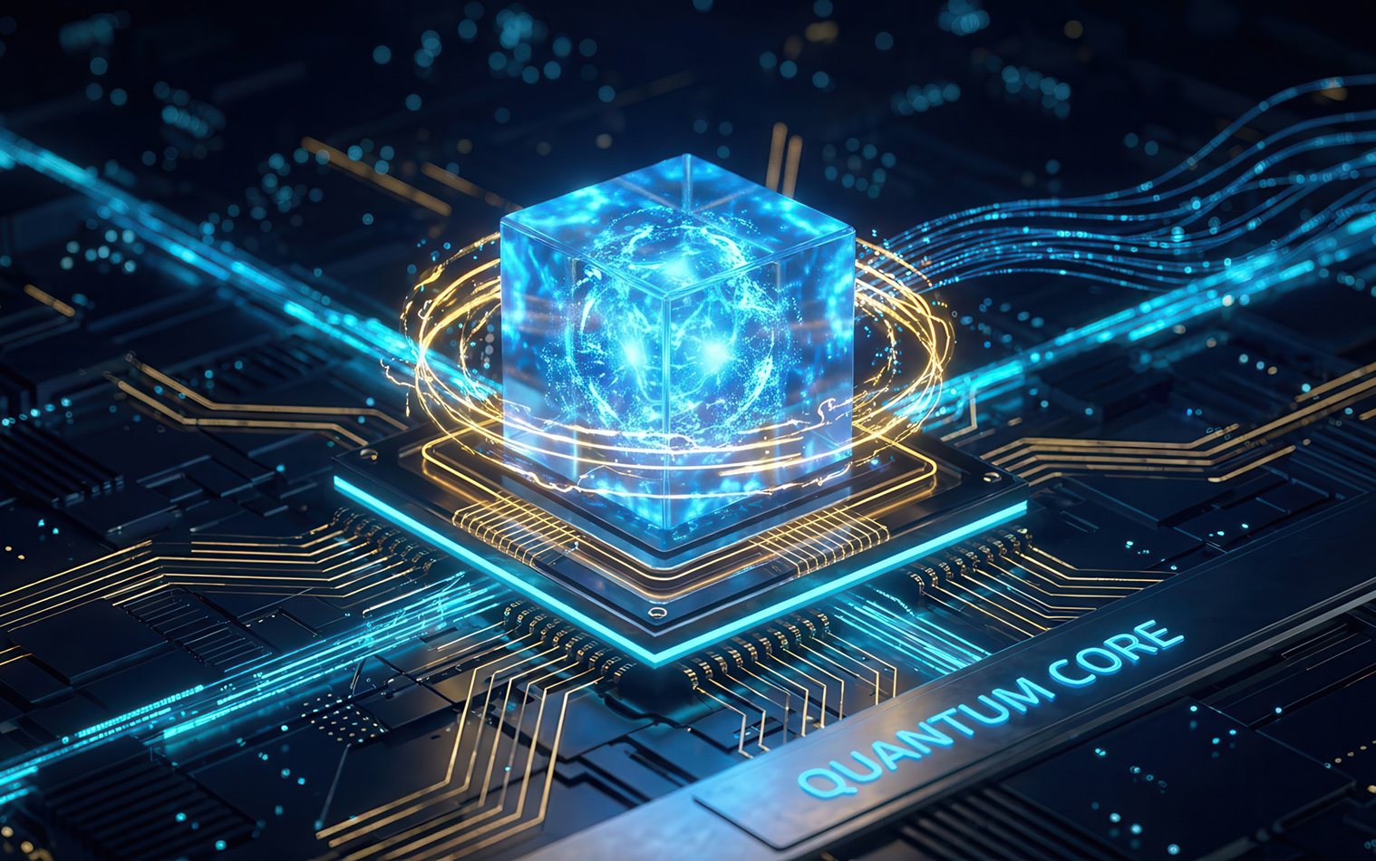 Futuristic quantum computer processor chip with glowing blue particles and energy flow. 