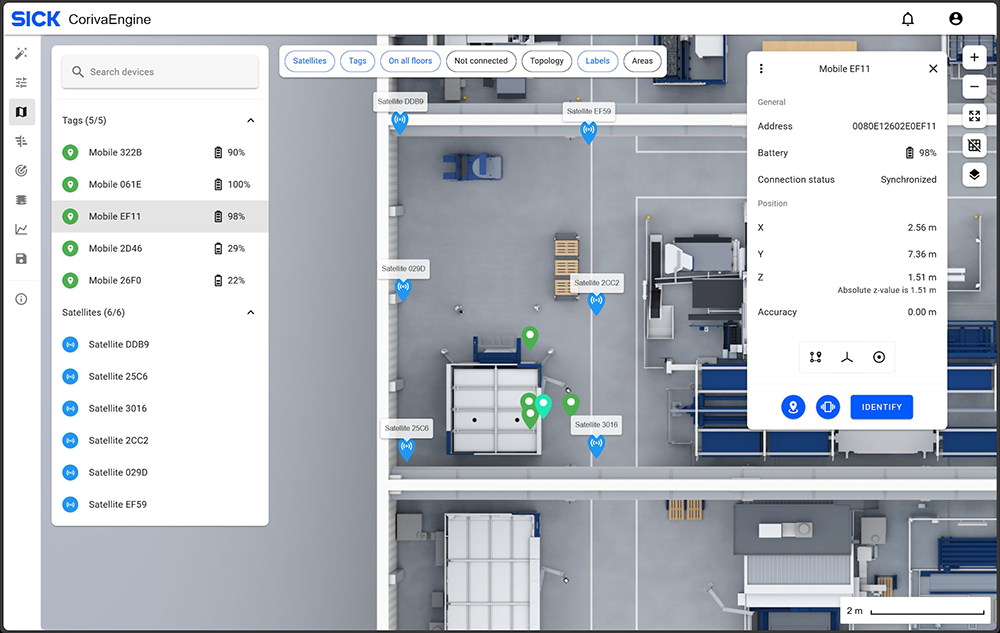 The CorivaEngine software performs probabilistic localization using advanced algorithms (e.g., Monte Carlo, Kalman filtering), computes real-time asset positions, and feeds them into IT/IoT systems or omlox hubs.