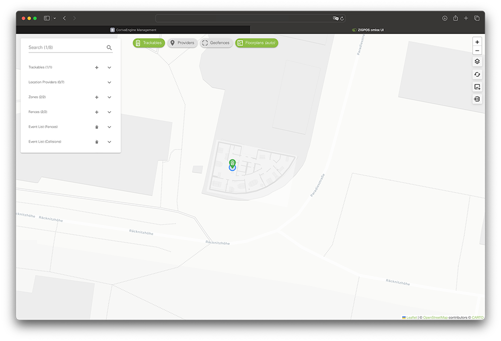 The Coriva Hub consists of middleware and a user interface for visualization, geo-referencing, geo-fencing, and integration with omlox-compliant applications.