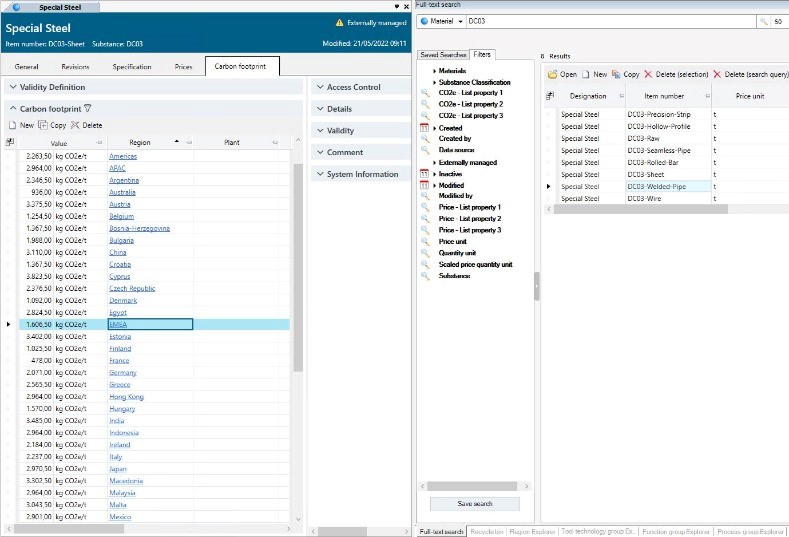 The new Teamcenter Carbon Footprint Calculator software showing the carbon footprint for energy such carbon rates for gas worldwide, carbon rate for oil worldwide, carbon rate for electricity (including energy mix for 52 different countries, 4 regions)
