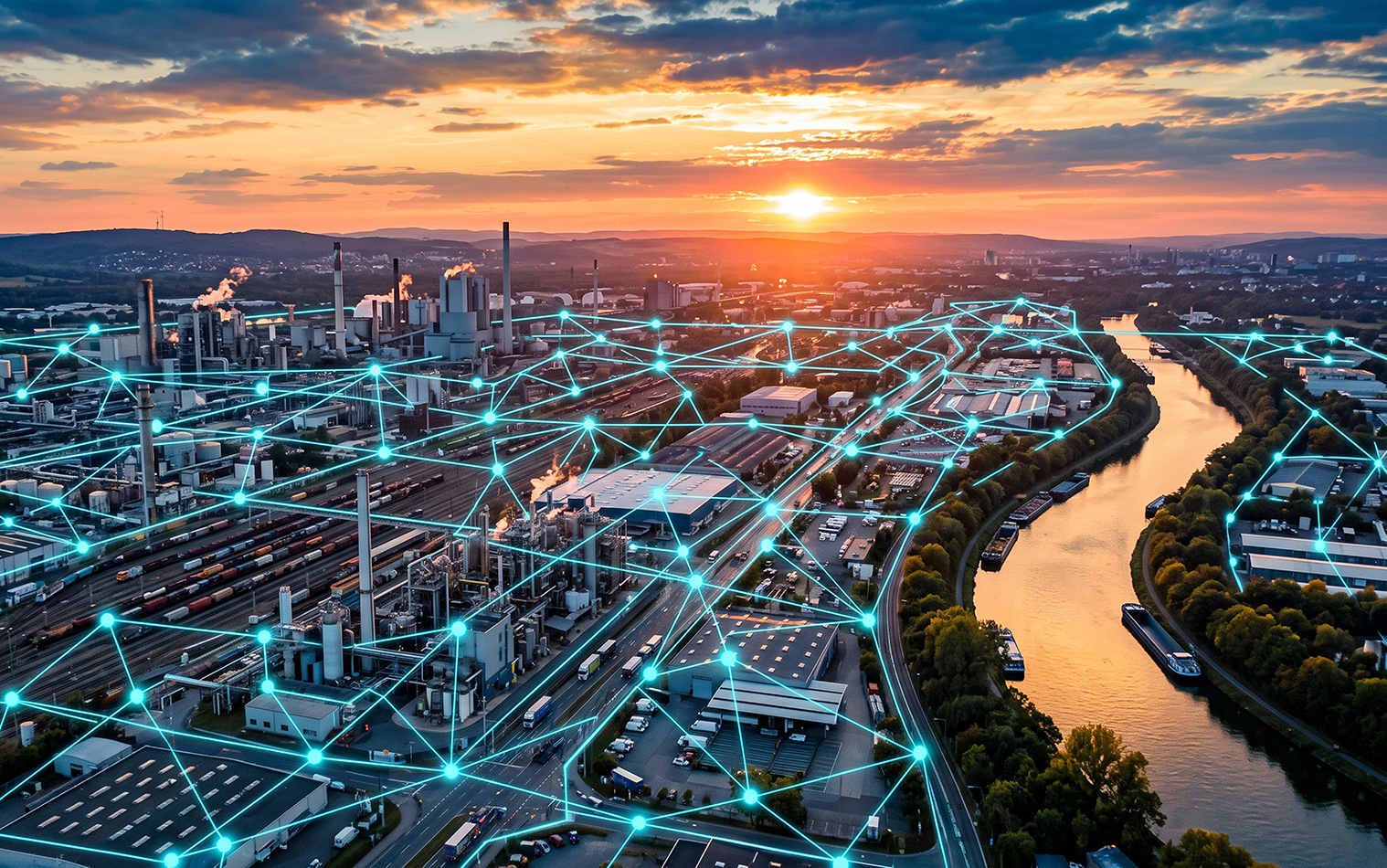 Industrial complex with blue network overlay symbolizing connectivity and industrial communication
