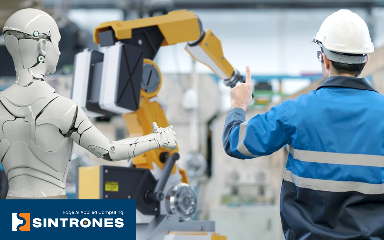 Worker and humanoid robot working together on the factory floor