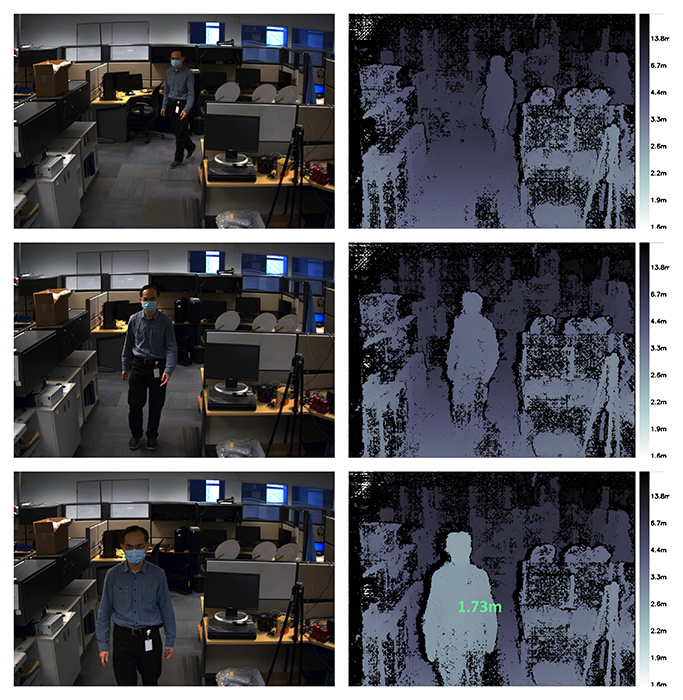Figure 7: Sample left camera images and corresponding depth map.  The bottom depth map also shows the depth at a particular point.