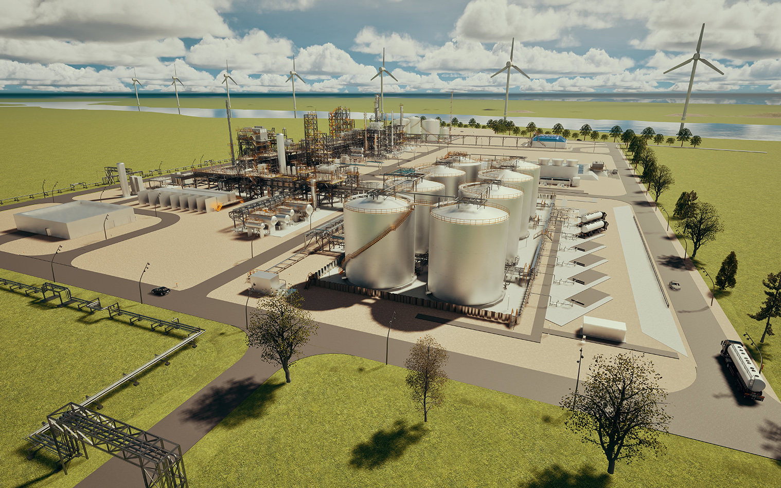 Model of the future SkyNRG sustainable aviation fuel (SAF) plant. 