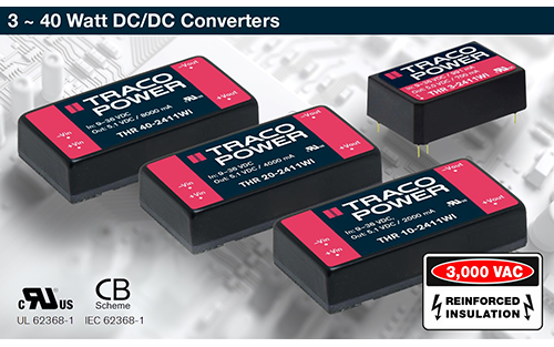 TRACO's Ruggedized 3 ~ 40 Watt DC/DC Converters Feature 3kVAC Reinforced Isolation