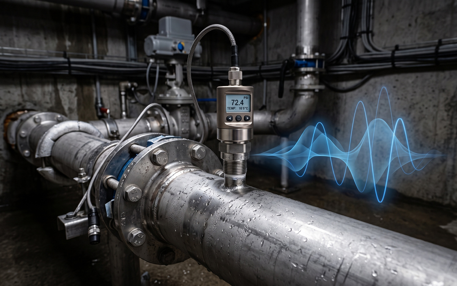  Industrial ultrasonic flow meter on metal pipe with digital acoustic wave sensor for water management, smart utility infrastructure monitoring.